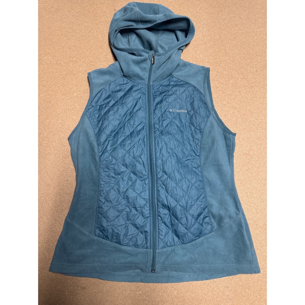Columbia Womens Fleece Quilted Vest Hooded‎ Teal Blue Thermal Coil Size L